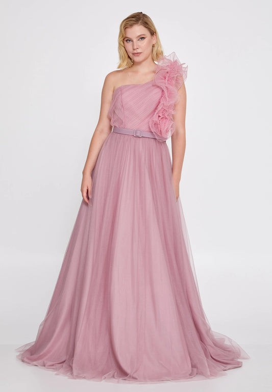 One Shoulder Maxi Tulle A - Line Regular Prom Dress Unit Price: $52