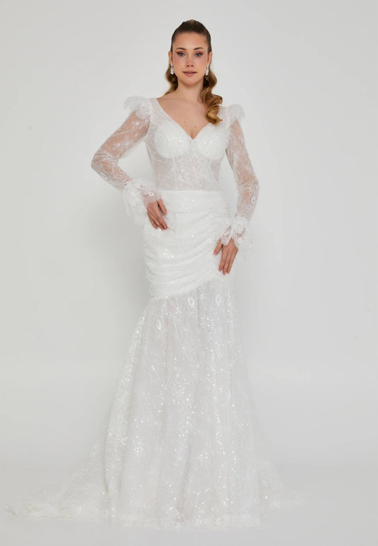 Long Sleeve Maxi Tulle Regular Wedding Dress $780