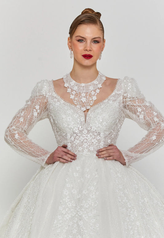 Long Sleeve Maxi Tulle Regular Wedding Dress $720