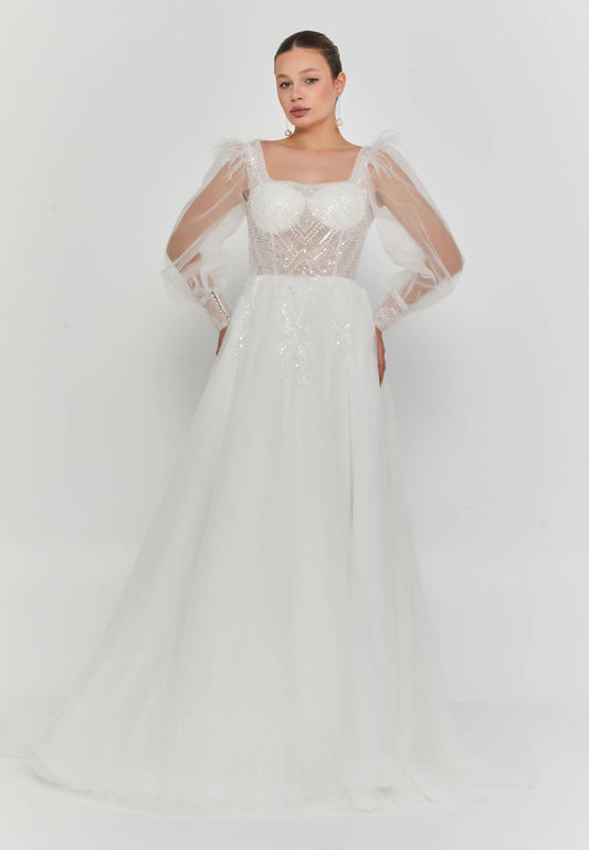 Long Sleeve Maxi Tulle Regular Wedding Dress $290