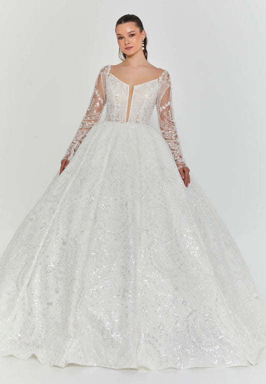 Long Sleeve Maxi Tulle Regular Wedding Dress $1050