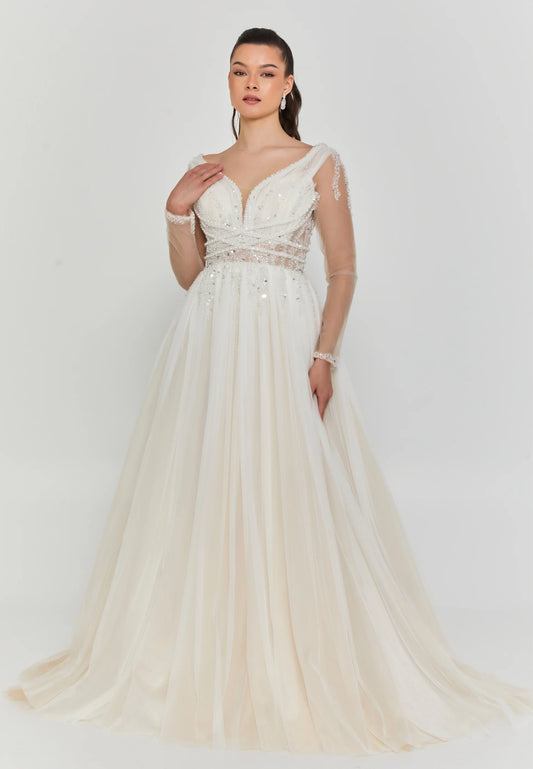 Long Sleeve Maxi Tulle Regular Wedding Dress $475